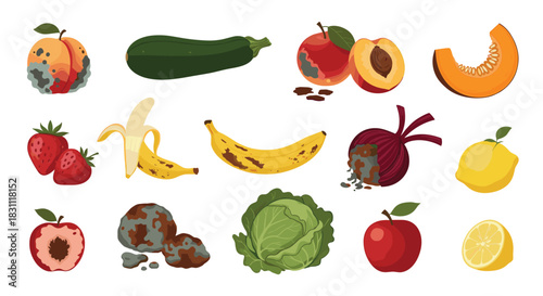 A vibrant mix of fresh and spoiled fruits and vegetables like peaches, bananas, lemons, apples, strawberries, zucchini, and cabbage, highlighting food waste.