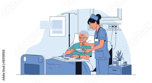 A kind nurse assists an elderly patient with their meal in a hospital or nursing home setting, providing essential care and support.