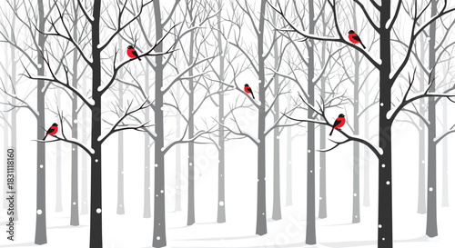 Tranquil winter forest with minimalist snow-covered trees and vibrant red birds on branches amidst falling snowflakes.