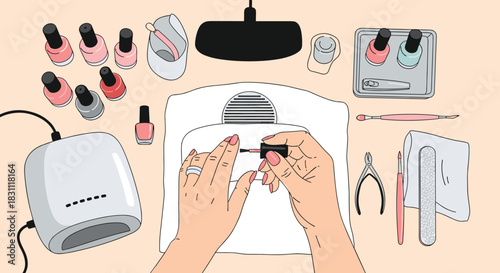 Overhead view of a woman applying nail polish, surrounded by a comprehensive set of manicure tools and an LED lamp for professional nail care.