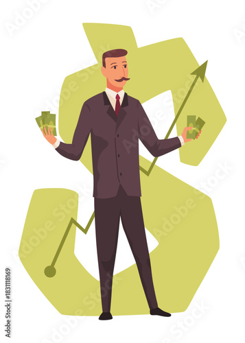 Rich man flat cartoon comic element, millionaire man money vector illustration