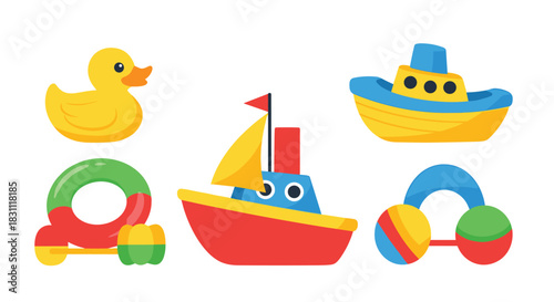 Assorted colorful plastic bath and baby toys, featuring a rubber duck, toy boats, and rattles, presented on a white background.