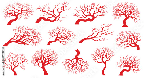 A collection of stylized red tree silhouettes with bare, intricate branching patterns, depicting nature in winter or autumn for design projects.