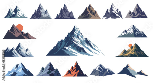 A diverse set of stylized mountain peak illustrations and natural landscapes, featuring various colors, snowy caps, and iconic designs.
