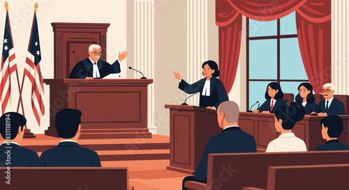 A formal legal proceeding takes place in a courtroom, with a judge presiding, a lawyer presenting a case, and a jury listening intently.