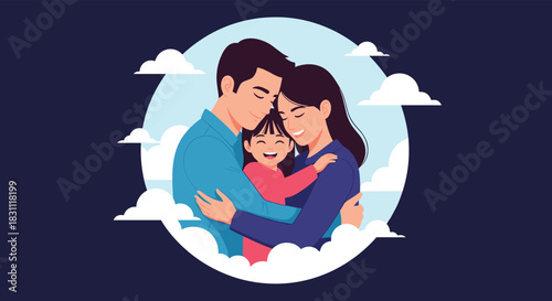 A loving family of three, including a father, mother, and their happy child, share a warm embrace, symbolizing togetherness and affection.