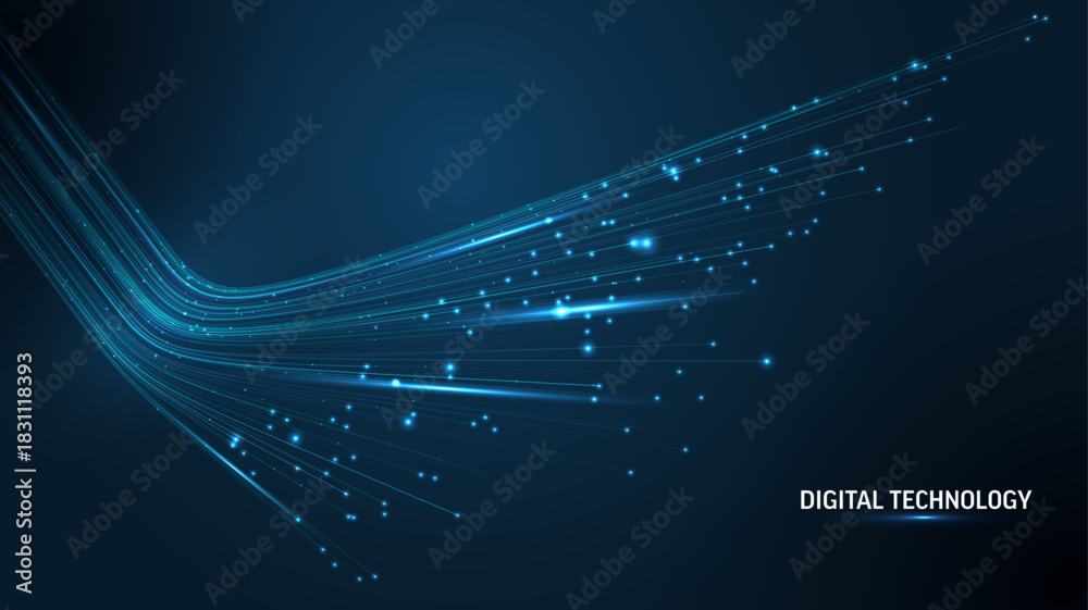 Naklejka premium 3D High Speed Light Trails. Digital Flow Vector Background. Big Data Technology Lines Fast Wireless Data Transmission. Information in Virtual Reality. 6g Vector Illustration. Artificial neural network