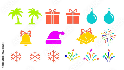 Festive Assortment: A vibrant collection of Christmas and holiday icons in bold colors, evoking the spirit of celebration and joy.