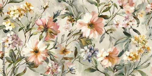 Soft watercolor floral pattern with delicate pastel blossoms and green foliage on a muted background