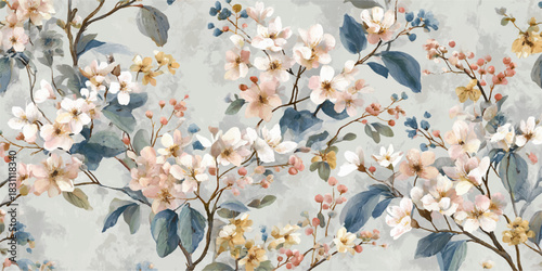 Delicate watercolor floral pattern with soft pastel blossoms and muted green leaves on a textured background