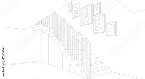 Staircase with modern art in a minimalist interior design sketch illustration