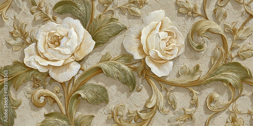 Elegant vintage floral wallpaper with embossed roses and intricate scrolling foliage patterns