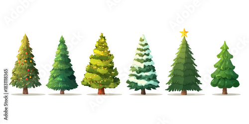 Collection of diverse evergreen trees in various shapes and sizes with a white background