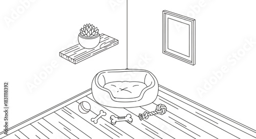 Cozy dog corner with bed toys succulent and artwork in a stylish home scene
