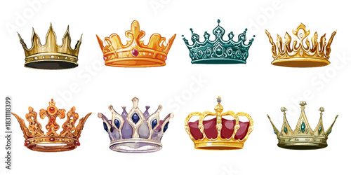 Collection of t ornate royal crowns in various metallic colors and jewel embellishments
