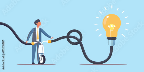 Businessman connects scooter to light bulb symbolizing idea generation