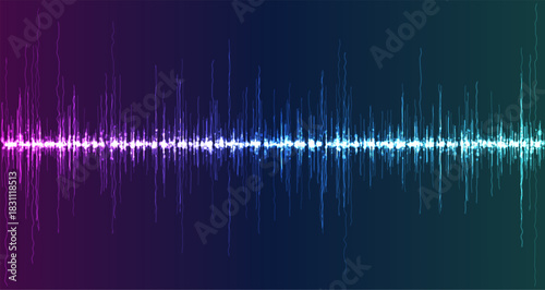 Music wave and abstract light energy effect background. Neon power pulse, digital noise lightning audio line. Electric sound equalizer. Radio spectrum, AI beat, technology graphic pattern illustration