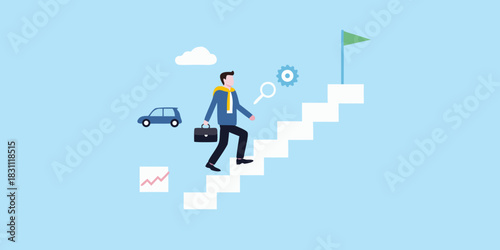 Businessman climbing stairs towards success and goals with car and growth chart