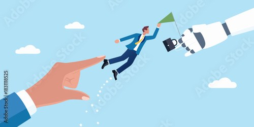 Businessman launched by human hand towards robot hand holding flag and briefcase