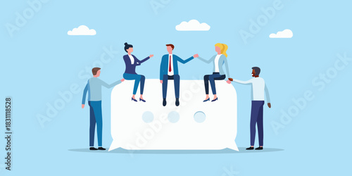 Diverse group of people sitting on a large speech bubble discussing ideas