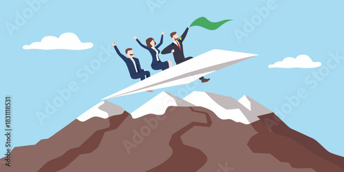 Business team flying on paper airplane over mountains with green flag