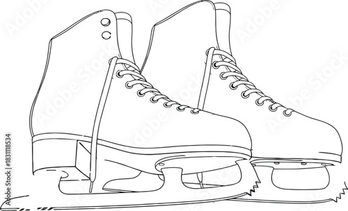 Pair of white ice skates on a frozen rink with a snowy winter background