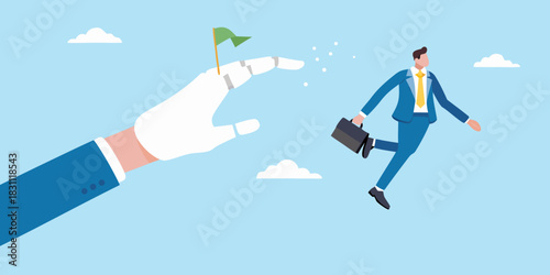 Robot hand offers a flag to a businessman jumping towards success