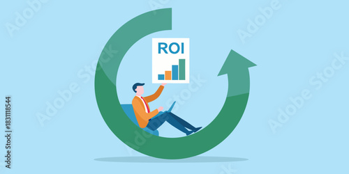Businessman analyzes roi graph within a circular growth arrow