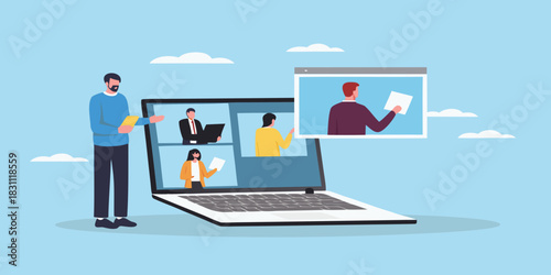 Man leading a video conference call with multiple participants on a laptop screen