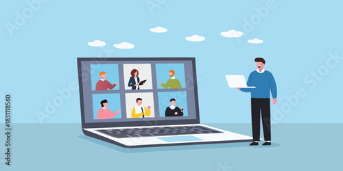 Man participating in a video conference call with colleagues