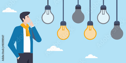 Man thinking about ideas represented by glowing light bulbs