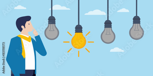 Man thinking about ideas with one bright lightbulb
