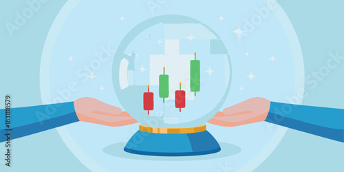 Hands holding crystal ball with stock market candlestick chart inside