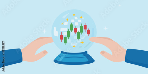 Crystal ball showing stock market candlestick chart with hands holding it