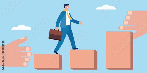 Businessman climbing steps with helping hands and clouds in the background