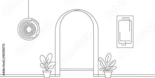 Minimalist interior scene with arched doorway plants and modern wall decorations