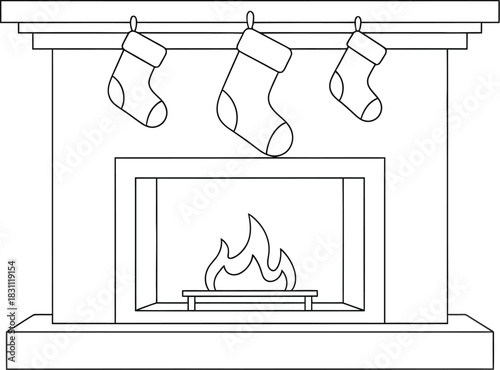 Fireplace with christmas stockings hanging above it in a line art illustration