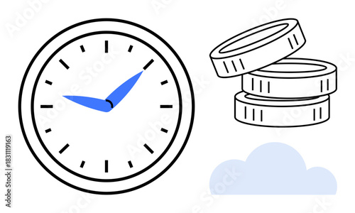 Clock showing time, stack of three coins, and cloud image. Ideal for time management, productivity, budgeting, finance tracking, cloud solutions, financial strategy simple flat metaphor