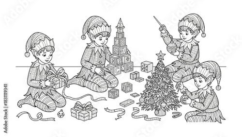 Christmas Workshop: A group of diligent elves meticulously prepare for the festive season, meticulously wrapping gifts and adorning a Christmas tree, radiating the magic of Christmas