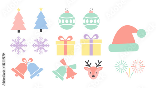 Festive Holiday Icons: A collection of delightful icons celebrates the spirit of the holiday season, featuring trees, ornaments, gifts, snowflakes, bells, reindeer, and fireworks.