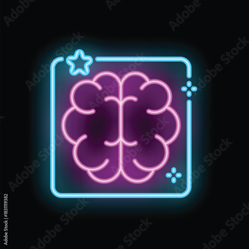 Neon sign of a pink brain glowing inside a light blue box, on a black background