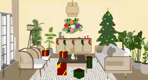 tropical christmas living room. cartoon illustration of a living room decorated for christmas.