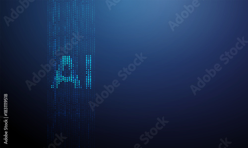 Vertical streams of blue dots with letters AI at the center. Data flow, computational pattern, technology visualization, network analysis, intelligent systems concept.