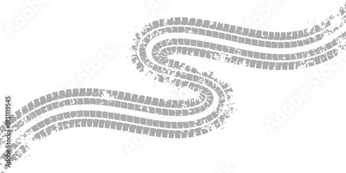 Grungy gray tire track mark on a transparent background, curved tread pattern.