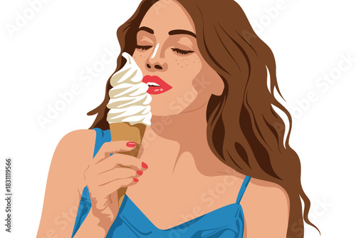 A young woman enjoys a delicious vanilla ice cream cone on a warm day.