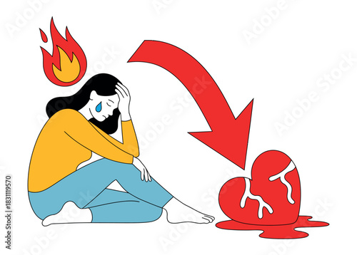 Woman experiences emotional distress and heartbreak with a symbol of destruction.
