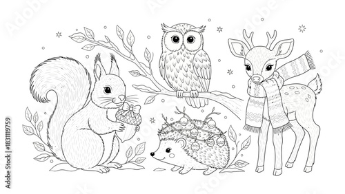 Whimsical Woodland Friends: A collection of adorable woodland creatures, including a squirrel, owl, deer, and hedgehog. Each critter is intricately designed with an engaging expression.