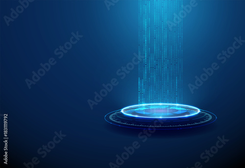 Vertical streams of digital points on pedestal Data visualization, information flow, digital system, technology innovation, virtual network concept.