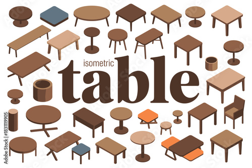 A collection of various isometric tables is displayed with the word 'table' in the center.