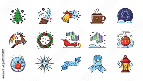 Christmas Icon Set: A vibrant collection of Christmas-themed icons. Each symbol evokes the holiday's enchantment